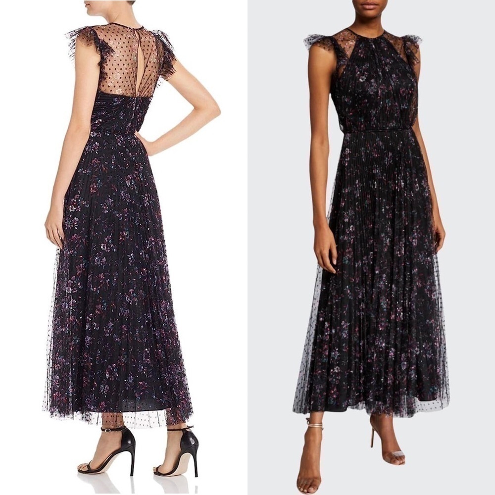 JILL STUART Floral‎ Tulle Sheer Dot Ruffle Flutter Sleeve Pleated Maxi Gown 0 - Picture 2 of 15